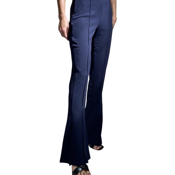 Women's Navy Blue High-Waisted Flared Pants – Elegant & Stretchy Pants - Picture 2 of 8
